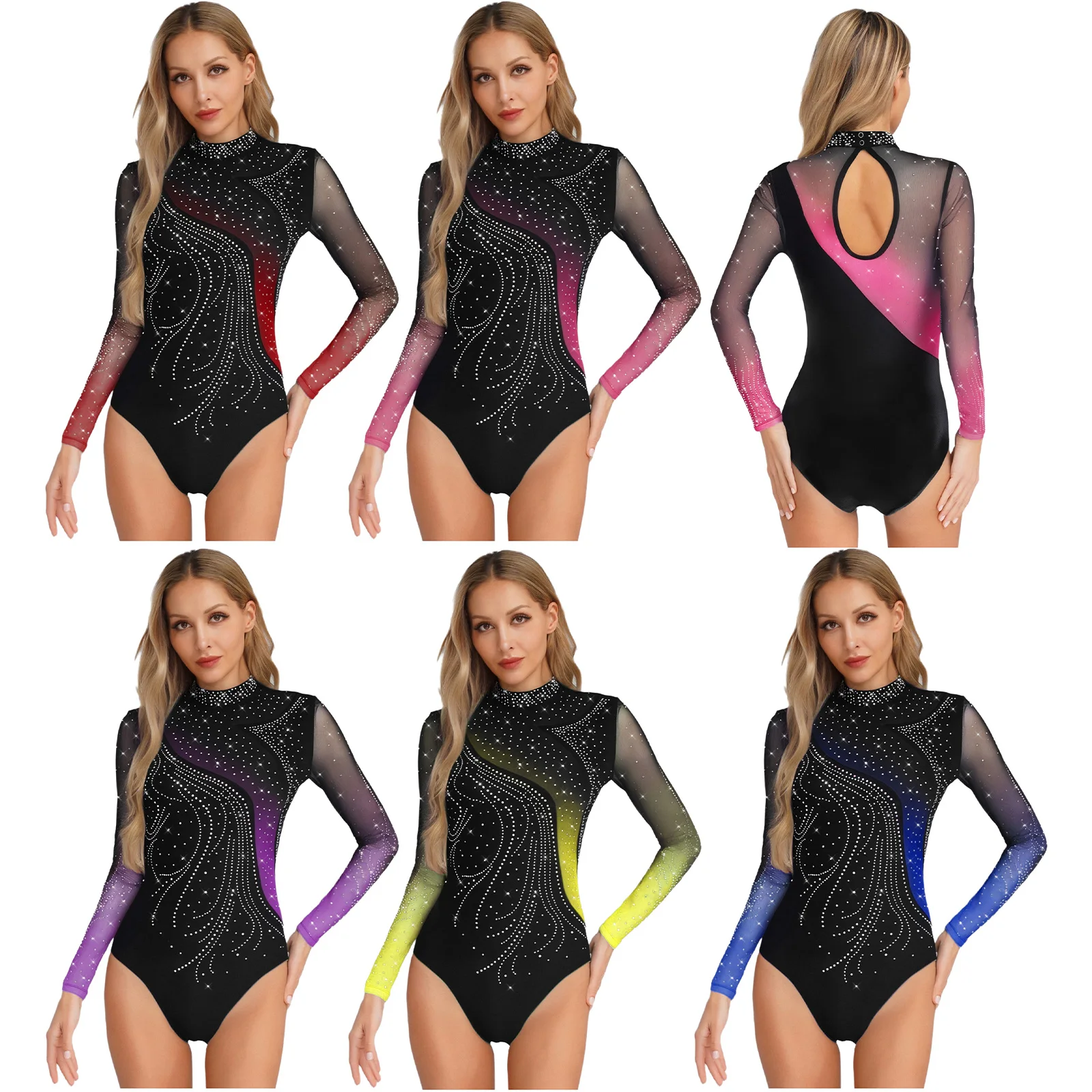 レディースフィギュアスケートダンスレオタードラインストーン長袖流線型スプライス中空ボディスーツバレエ体操トレーニング用