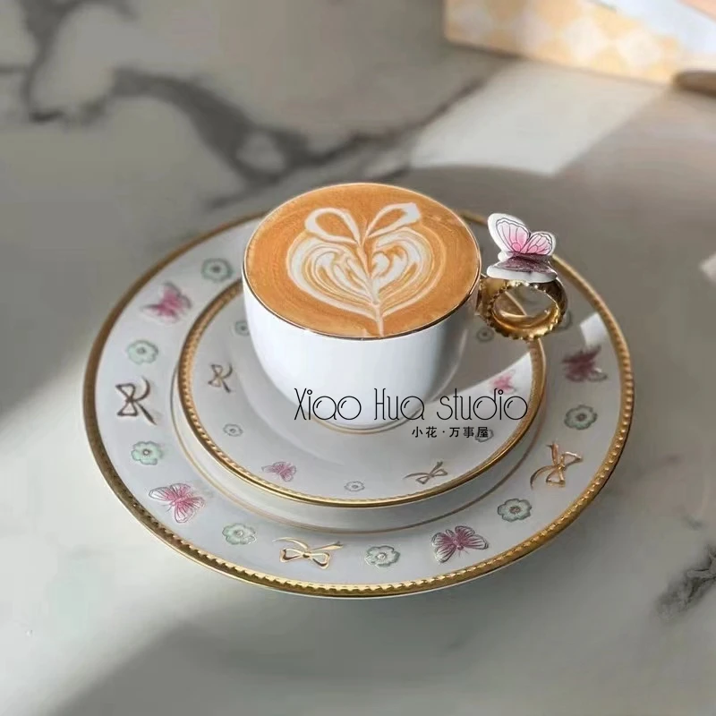 embossed butterfly painted gold coffee cup, saucer and plate exquisite three-piece set with hand gift