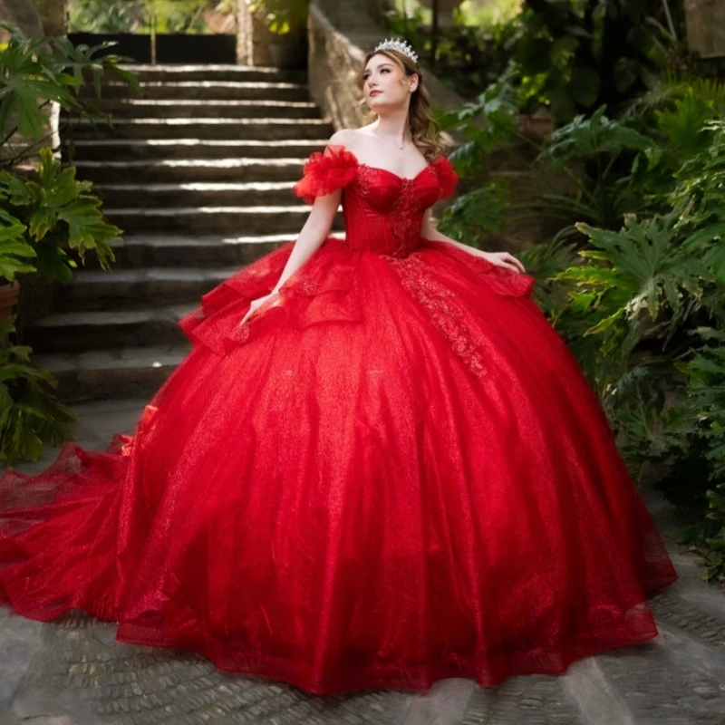 

Red Shiny Quinceanera Dresses Ball Gown Off The Shoulder Applique Lace Beading Crystal Tull Corset Party Sweet 16 Dress Vestidos