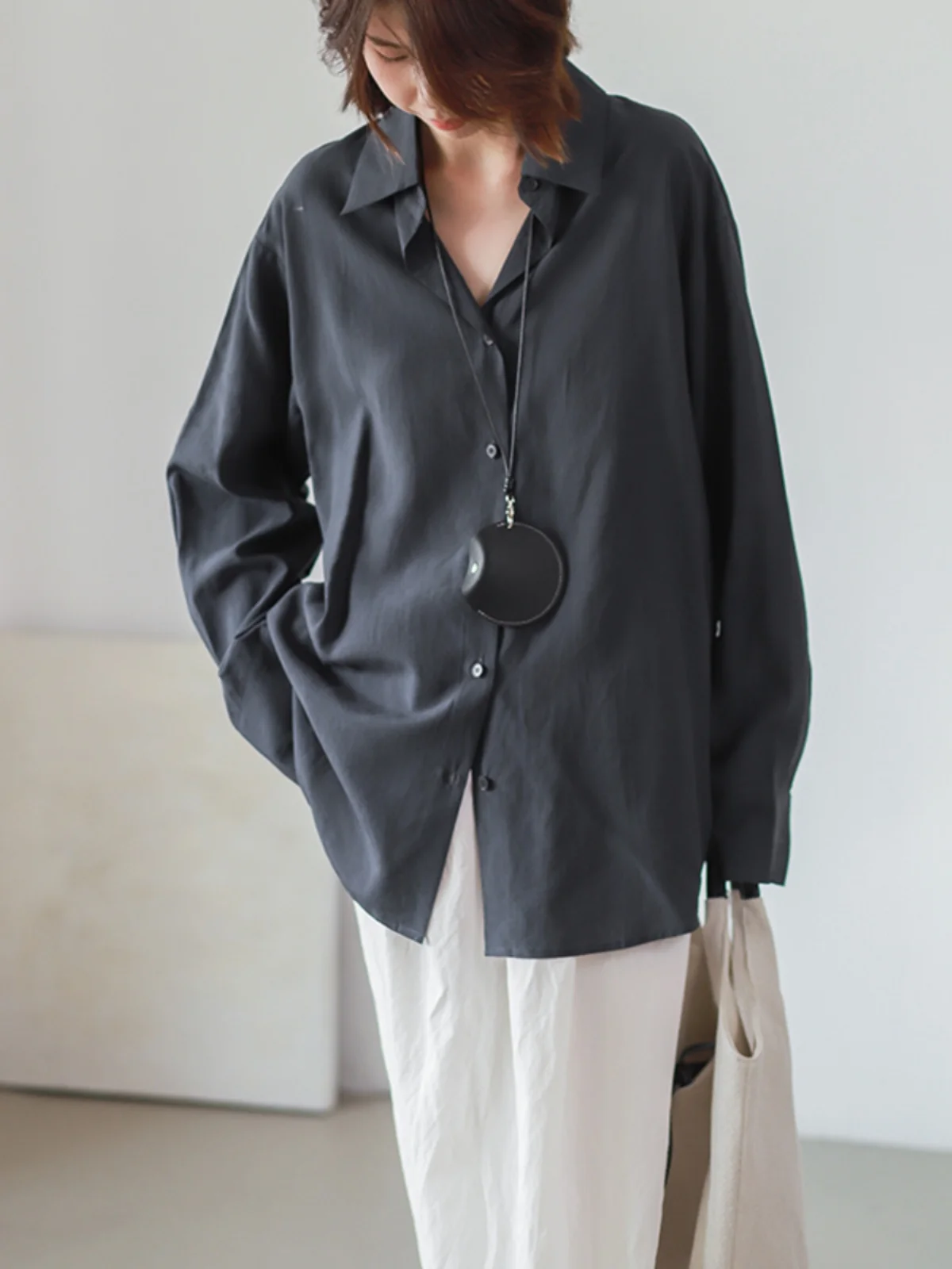 

Phil Dan Casual Long Sleeve Shirt Pure Color Collar Loose Fit Commute Friendly Skin Friendly Cotton Blend Business Casual