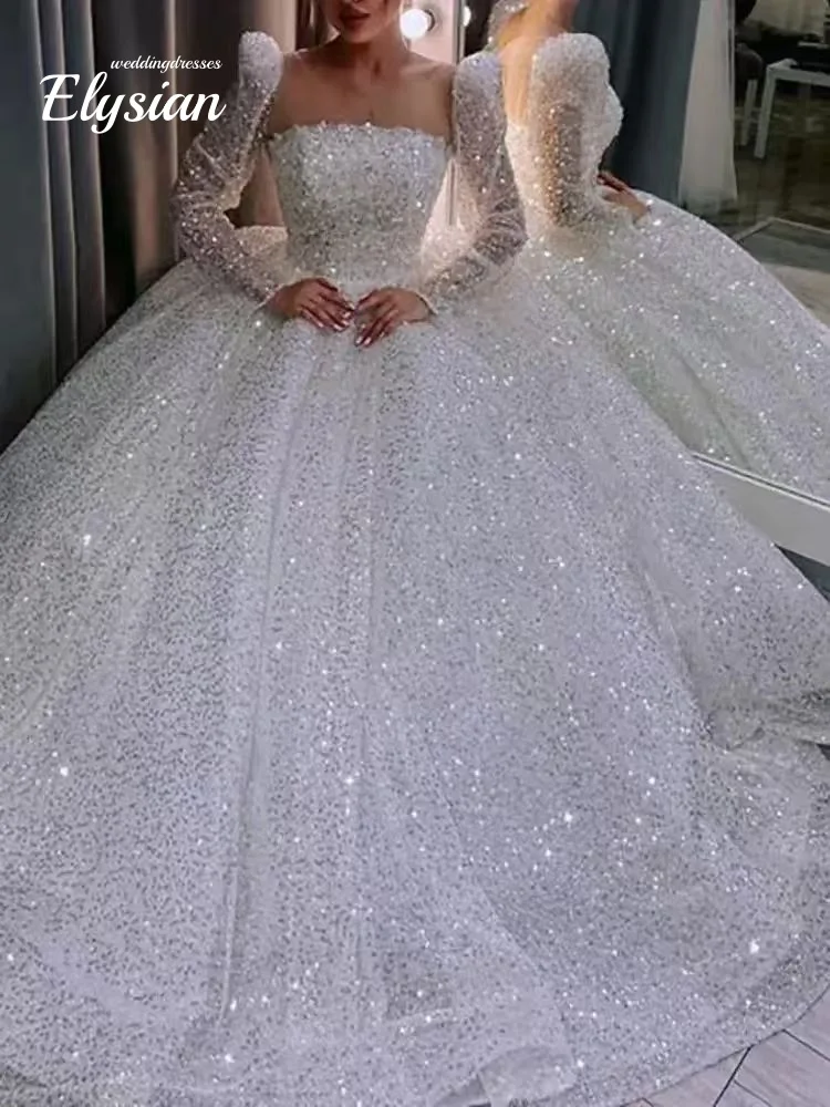 

Индивидуальное свадебное платье принцессы с круглым вырезом, длинными рукавами, пайетками, блестящее, А-силуэт, из фатина, Vestidos De Novia