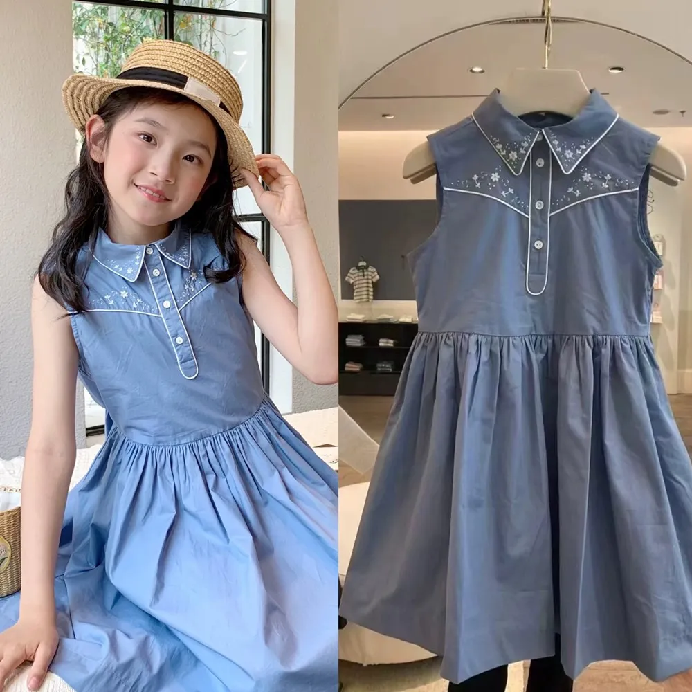 

girl's dress kids clothes Blue sleeveless dress temperament Flower embroidery lapel French style dress
