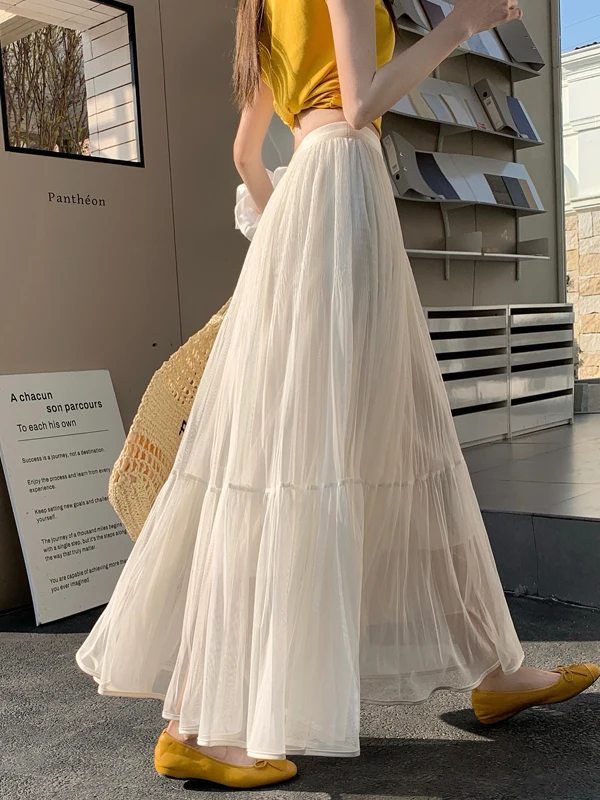 

High Waist Long Mesh Skirt Women's Spring 2026 New Style Pleated Draping Gauze Slimming Drifting Full Length Gauze Skirt