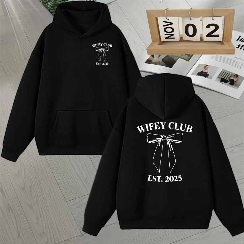 

Hot WIFE CLUB Bow Pattern Double Sided Print Hoodie Long sleeve Men Women Fleece Loose Sweatshirt Unisex Autumn Winter Pullover