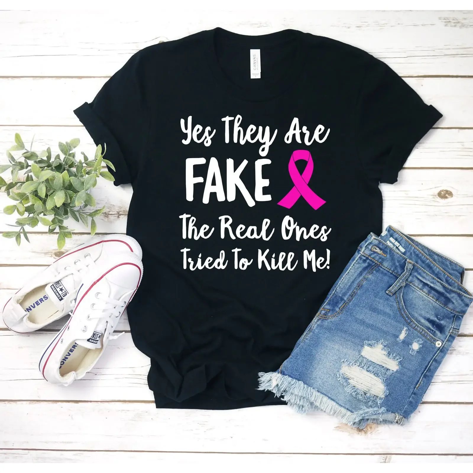 Yes They Are Fake Real Ones Tried To Kill Me T Shirt Breast Cancer Awareness Pink Ribbon Funny Survivor  vintage Washed