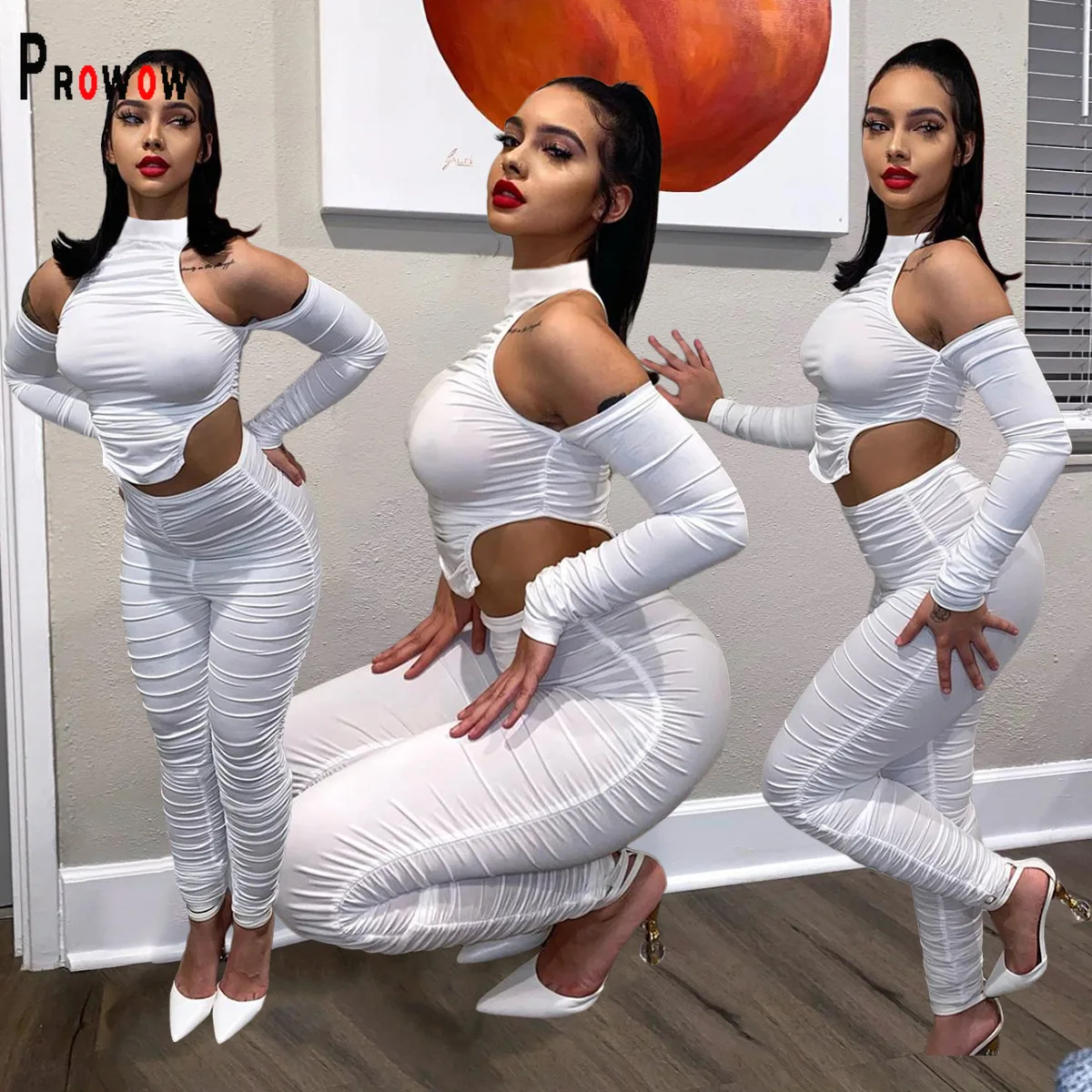 

Prowow Women Clothing Set Hollow Corset Tops Pant Two Piece White Matching Suits Folds Slim Fit Sexy Bodycon Outfits Ropa Mujer