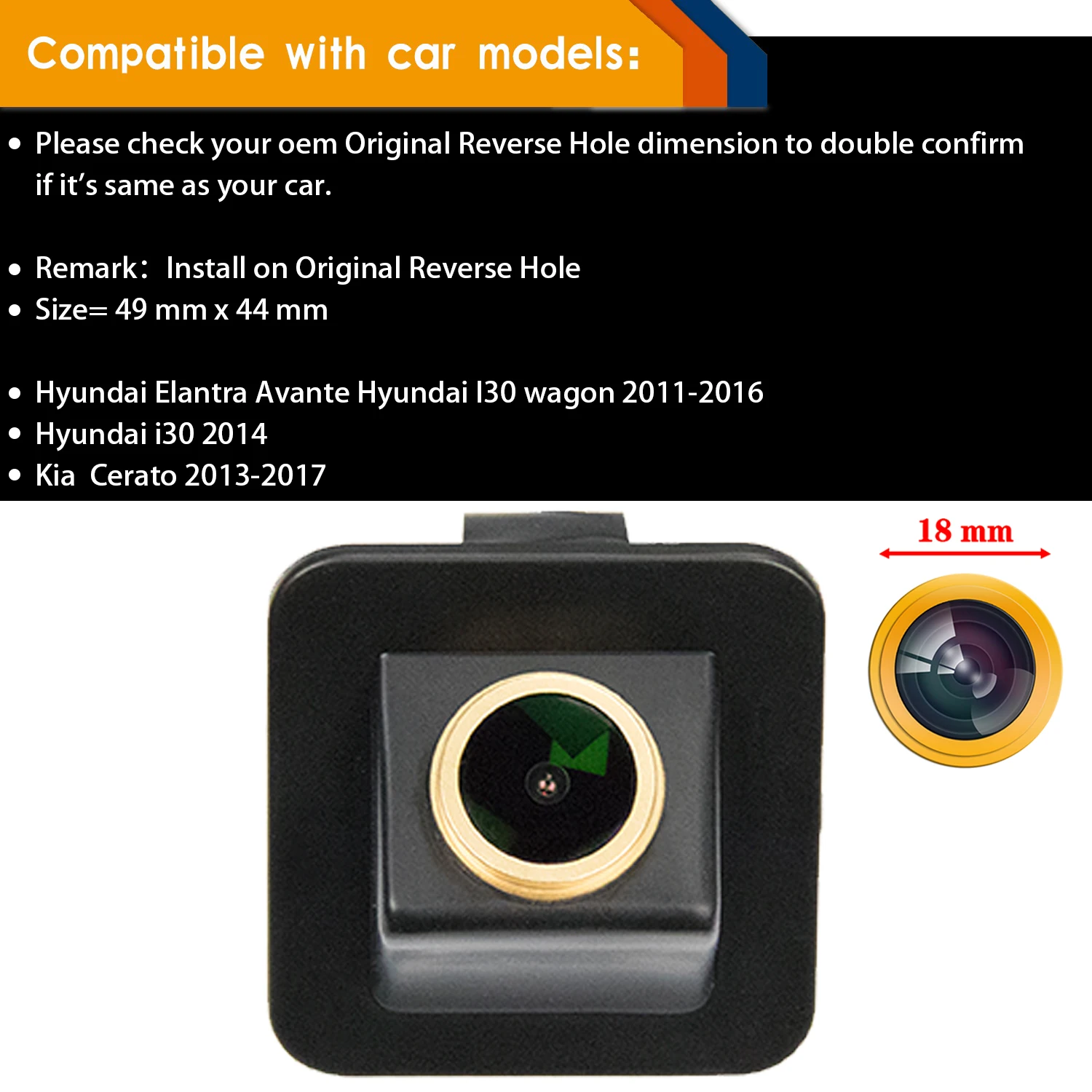 HD 1280*720p Rear View Camera for Hyundai Elantra Avante Hyundai I30 wagon 2012-2016, Original Reverse Hole Backup Golden Camera