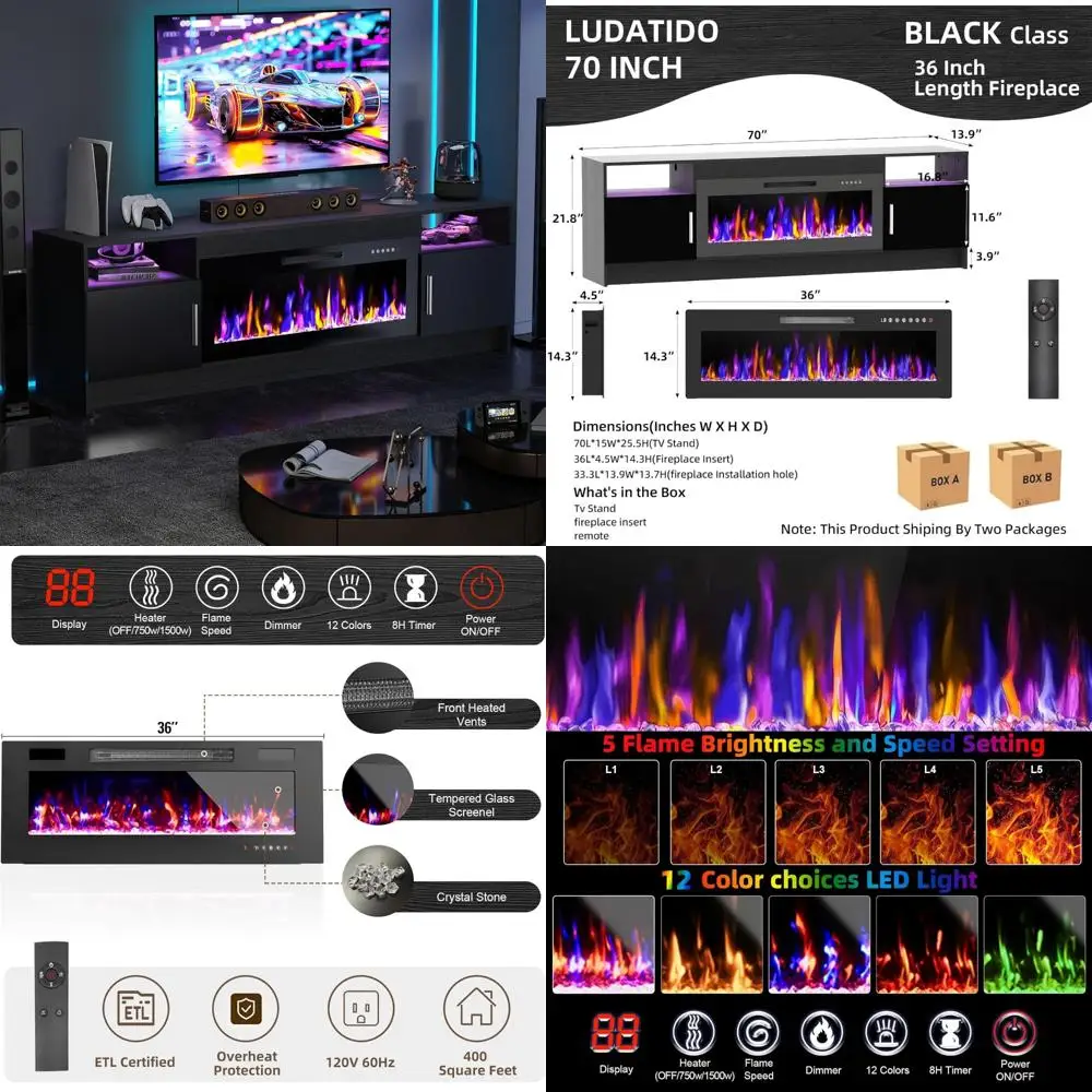 

Modern 70 TV Stand with Built-In 36 Electric Fireplace, LED Accent Lights, Entertainment Center, Fits TVs Up to 80, Black Wood G