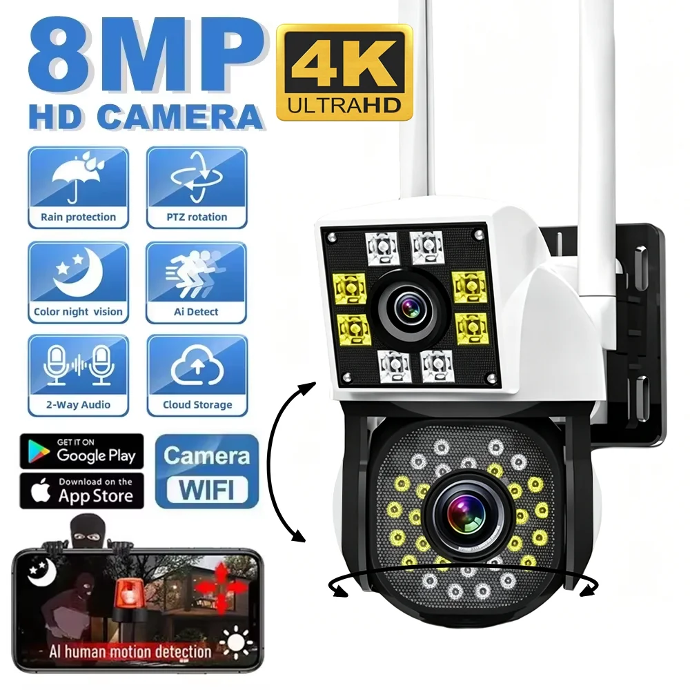 KKOREX Câmera Wi-Fi 4K 8MP PTZ para exterior, com tela dupla, detecção de pessoas, lentes duplas, 1080P FHD, câmera IP para proteção e segurança doméstica.
