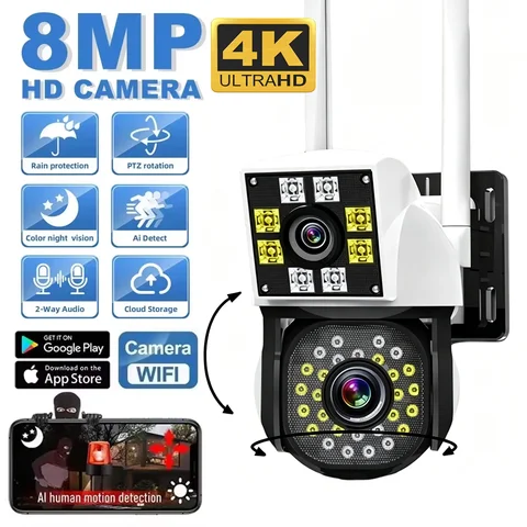 KKOREX Câmera Wifi 4K 8MP PTZ Externa com Tela Dupla, Detecção Humana, Lentes Duplas, 1080P FHD, Câmera IP de Proteção de Segurança Residencial