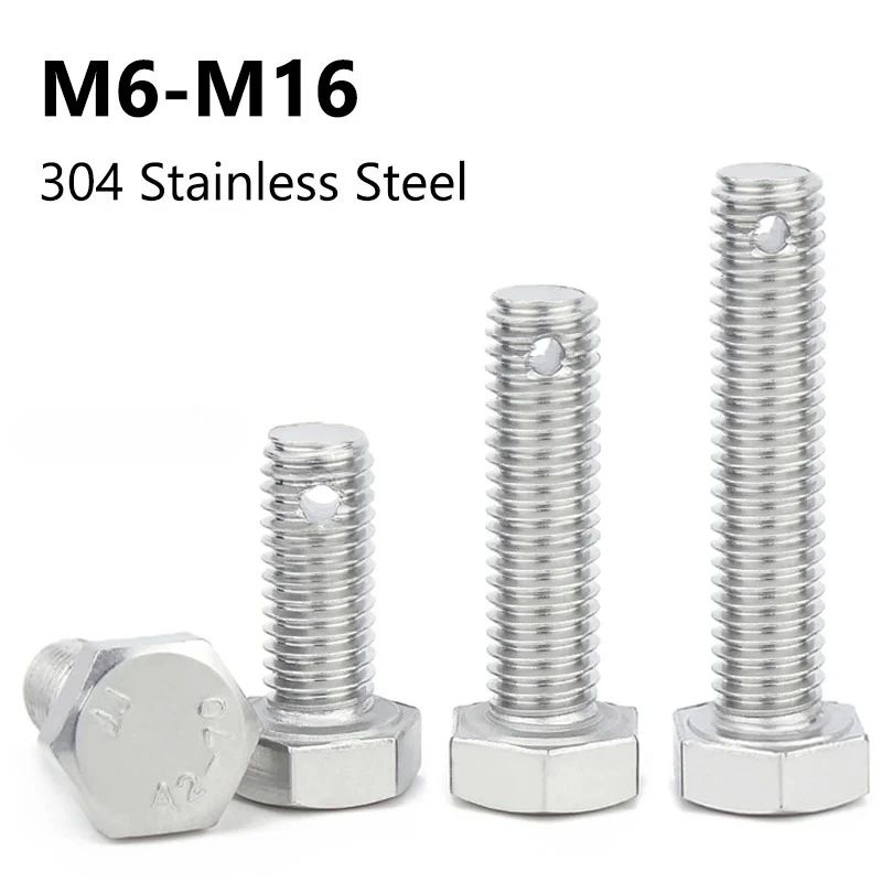 A2-70 Stainless Steel Hex Head Bolts with Drilled Shank M6-M16 Split Pin Hole for Machinery Automotive Industrial Repair