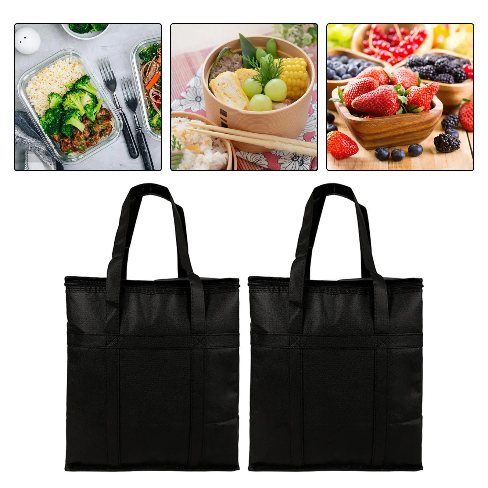 Thermal Insulated Food Bag Pouch Reusable Grocery Carrier with Zippered Top Non Woven Fabric Handle for Travel Work Picnic