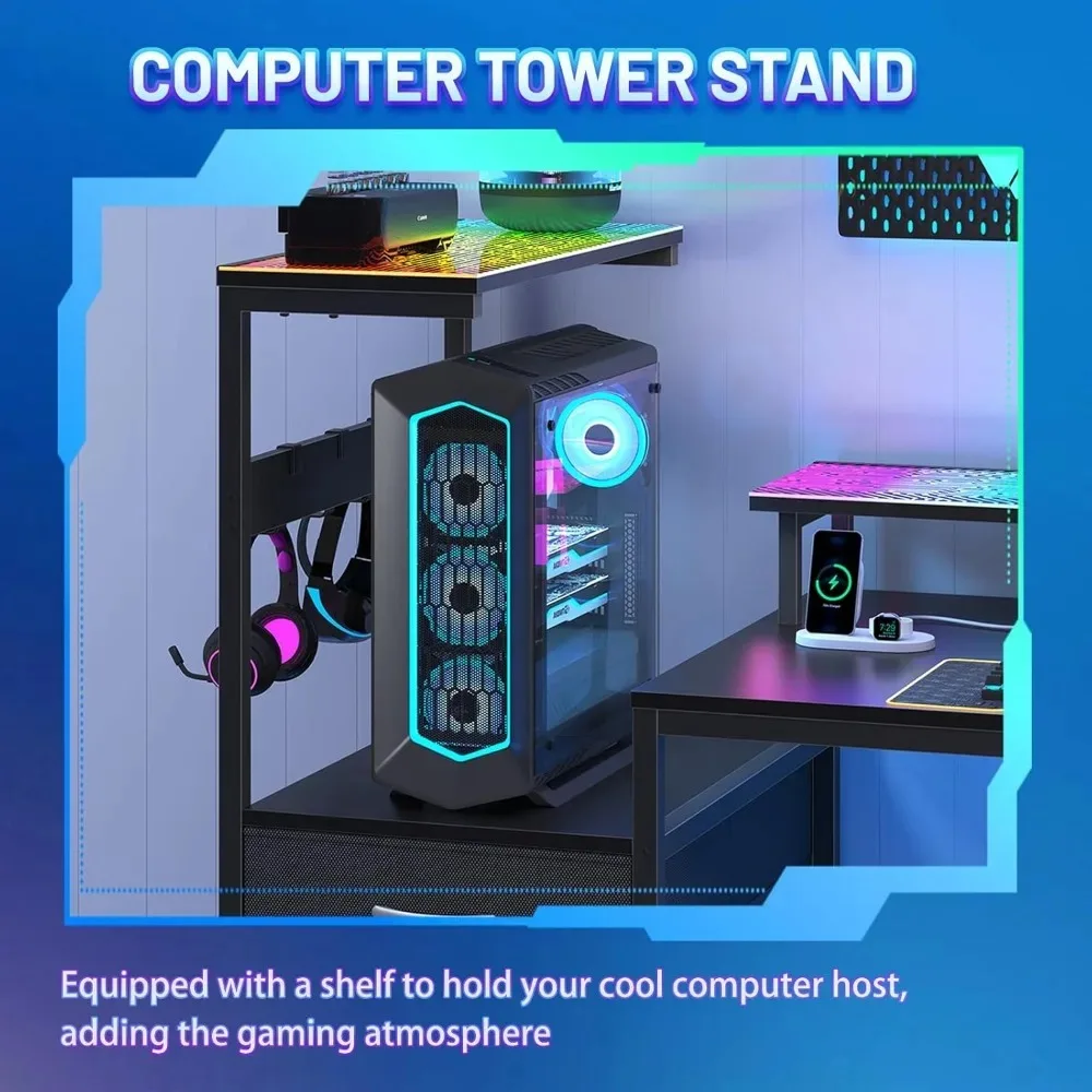 63" L-Shaped LED Gaming Desk with Drawers 4