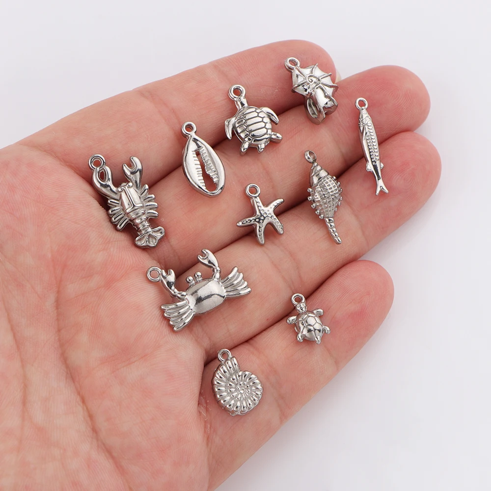 5pcs/lot Stainless Steel Crab Turtle Fish Shell Conch Starfish Tortoise Lobster Charms Pendants  DIY Jewelry Making Accessories