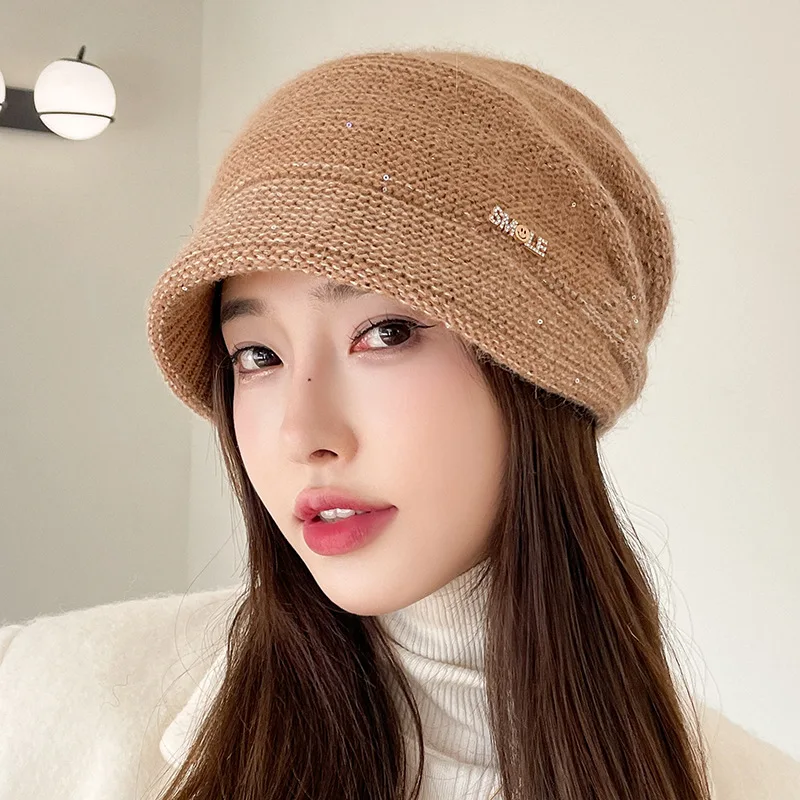 Elegant Versatile Double Layer Thickened Diamond Label Rabbit Hair Stacking Cap Female Ear Protection Fashion Knitted Cap Korea