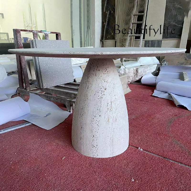 

Natural travertine dining table designer wabi wind round table living room marble dining custom medieval table Italian style