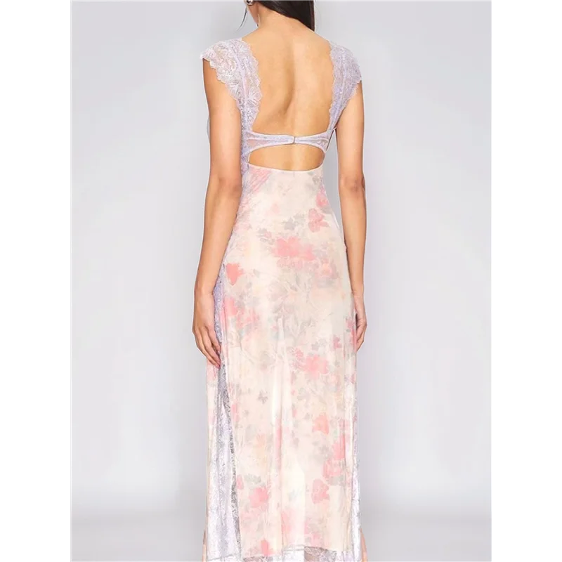 【】 Mulheres rendas retalhos malha maxi vestido floral impressão recorte querida pescoço sem costas fenda verão y2k vestidos longos