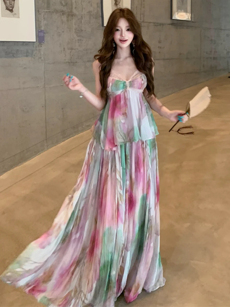 Korean Style Vacation Print Sleeveless Halter Dress High Waist Slim Long Beach Elegant Two Piece Set Women's Fashion Ensemble