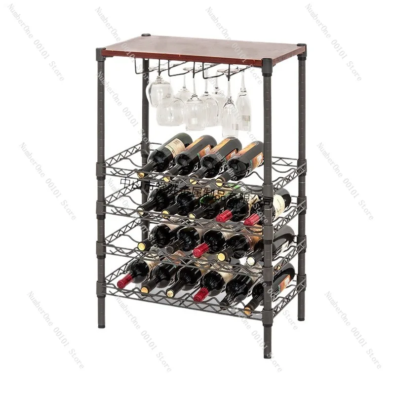 Multi-Layer Red Wine Storage Rack with Hanging Wine Glass Holders, Wooden Top Layer for Display, Elegant Wine Rack Home Bars