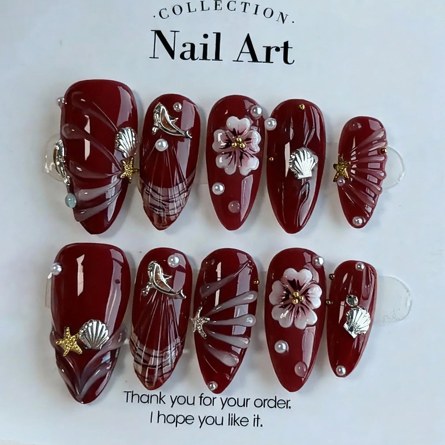 

24pcs Fashion Almond Press on Nails Tips Cute Flower Design Wine Long False Nails Diamond Shell Stick on Nail Acrylic Fake Nail