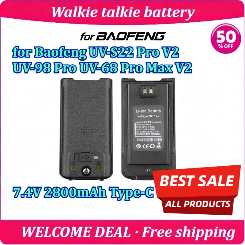 New for Baofeng UV-S22 Pro V2 UV-98 Pro UV-68 Pro Max V2 Walkie Talkie Battery 7.4V 2800mAh Type-C Charging Replacement Battery