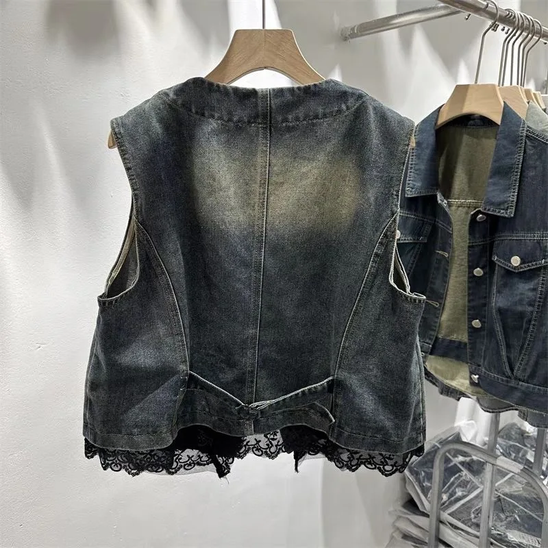 Retro Patchwork Lace Vest Top Short Sleeveless Jacket Denim 2026 Autumn New Arrival Women's Fashion Inner Wear Polyester Fiber