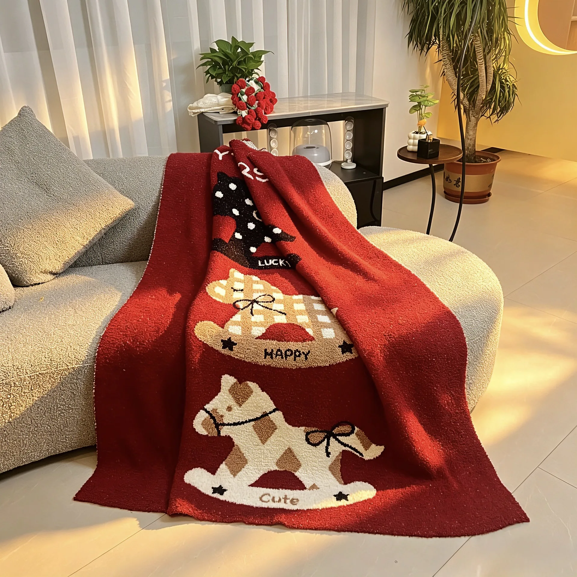 Cute Cartoon Blanket Double Sided Half Velvet Throw Blanket Soft Nap Cover for Office Sofa Bedroom Air Condition Use