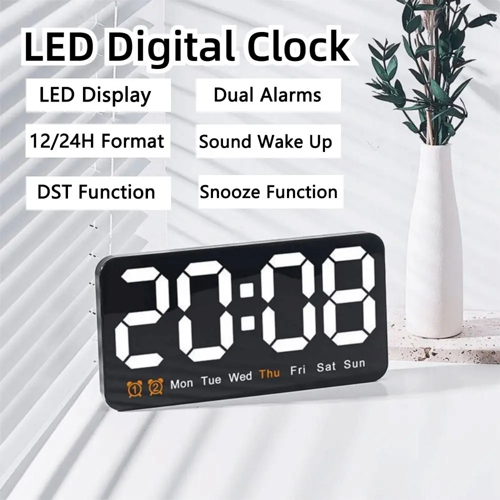 Temperature/Date Display Electronic Wall Clock Dual Alarms DST Function Wall-mounted Clock 3 Levels Brightness Sound Wake Up