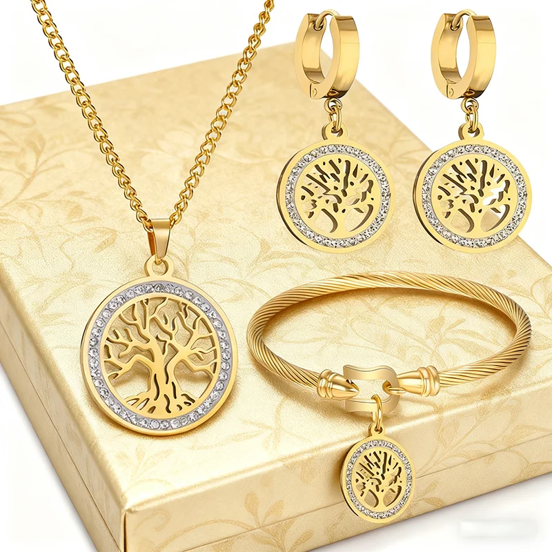 Vergoldetes Schmuckset aus Edelstahl: Baum des Lebens, Halskette, Creolen und Armband mit Zirkonverzierungen