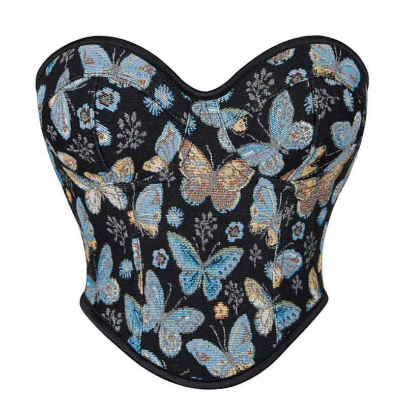 

New Blue Butterfly Patterned Vintage Bra Gathering Plastic Boned Women's Shaping Top Corset Lace Up Body Shaper Lingerie