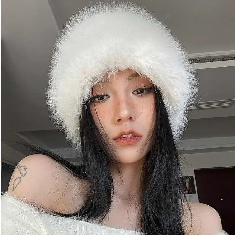 

New Fluffy Fur Women's Winter Hat Winter Snow Ski Cap Female Faux Fur Thick Warm Windproof Hat Russian Hat Mink Fisherman's Hat