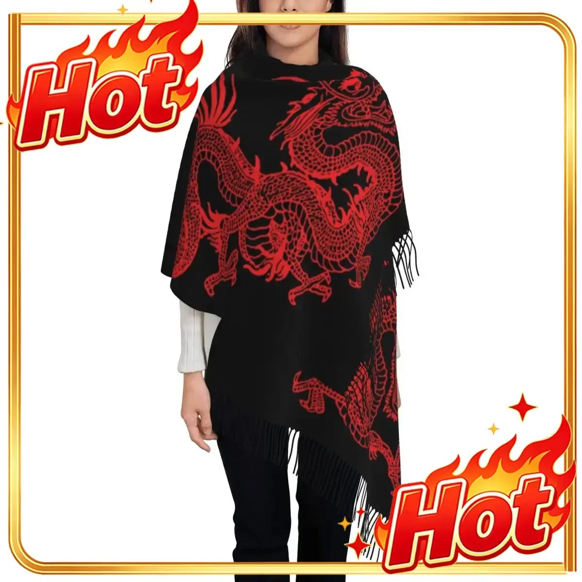 Custom Female Long Red Chinese Dragon Scarves Women Winter Soft Warm Tassel Shawl Wraps Asian Oriental Style Art Scarf
