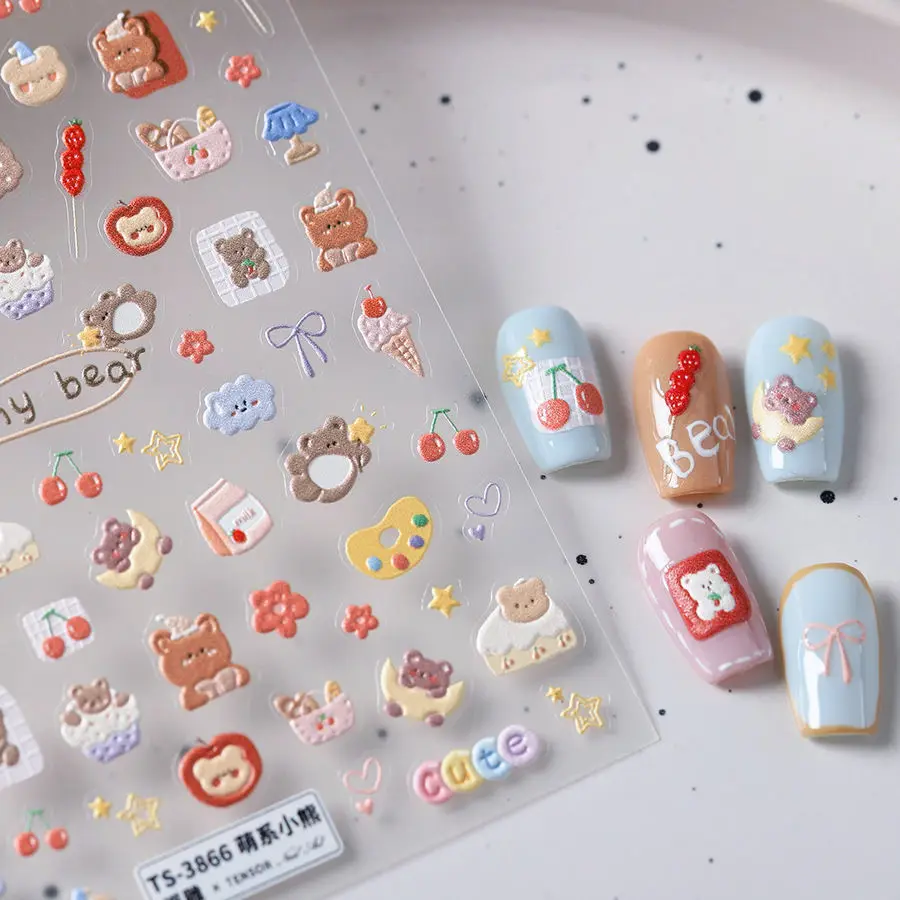 جميل 5D الدب البني مسمار الفن ملصقات Kawaii تنقش ذاتية اللصق مسمار المتزلجون سهلة تطبيق DIY بها بنفسك مسمار ديكور لوازم للنساء