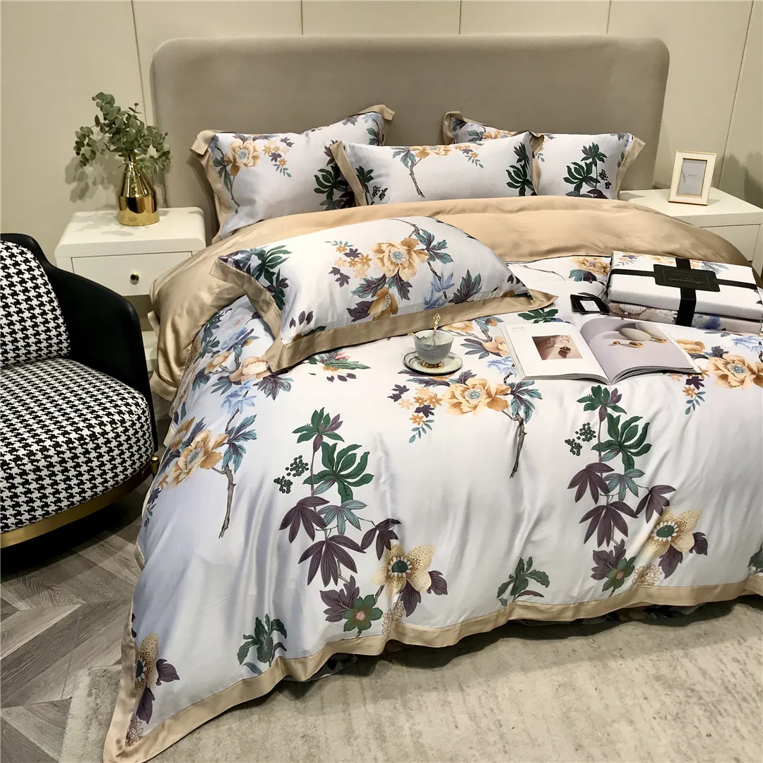 

2023 New Long Staple Cotton Plant Pattern Four-piece Bedding Household Must Four Seasons Universal Luxury Bedding White Yellow