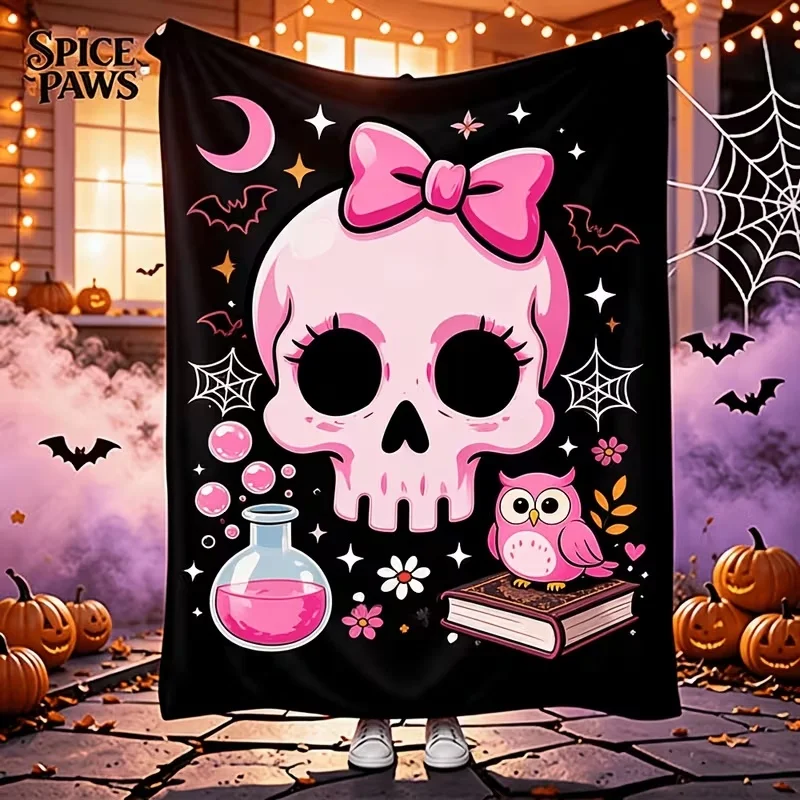 Gothic Pink Bow Skull Flannel Blanket, Magic Potion Book Owl Bat Element Soft Lightweight Plush Throw Blanket