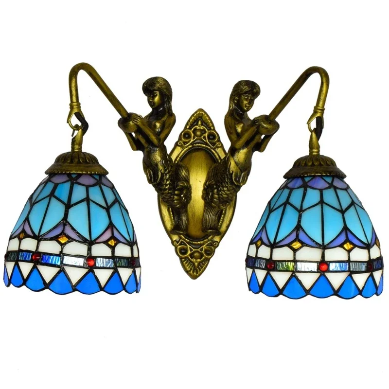 

Tiffany Vintage Mermaid Corridor Double Head Wall Light American Stained Glass Living Room Dining Room Mediterranean Light