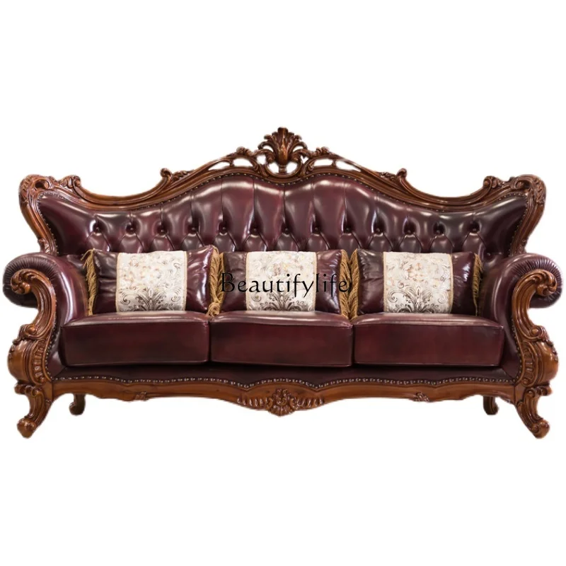 

American solid wood sofa European retro leather sofa luxury living room carved sofa
