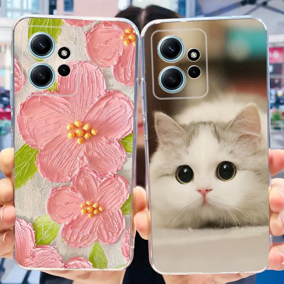 Cute Flower Cat Painted Case For Xiaomi Redmi Note 12 4G Soft Silicone TPU Phone Cover For Redmi Note12 4G Global Bumper