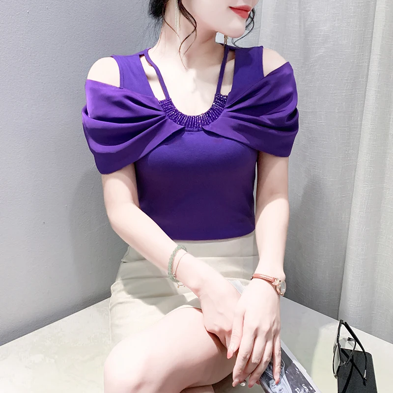 

2025 New Summer European Clothes Cotton T-Shirt Chic Sexy O-Neck Patchwork Shiny Beading Women's Tops Short Sleeve Tees 46036
