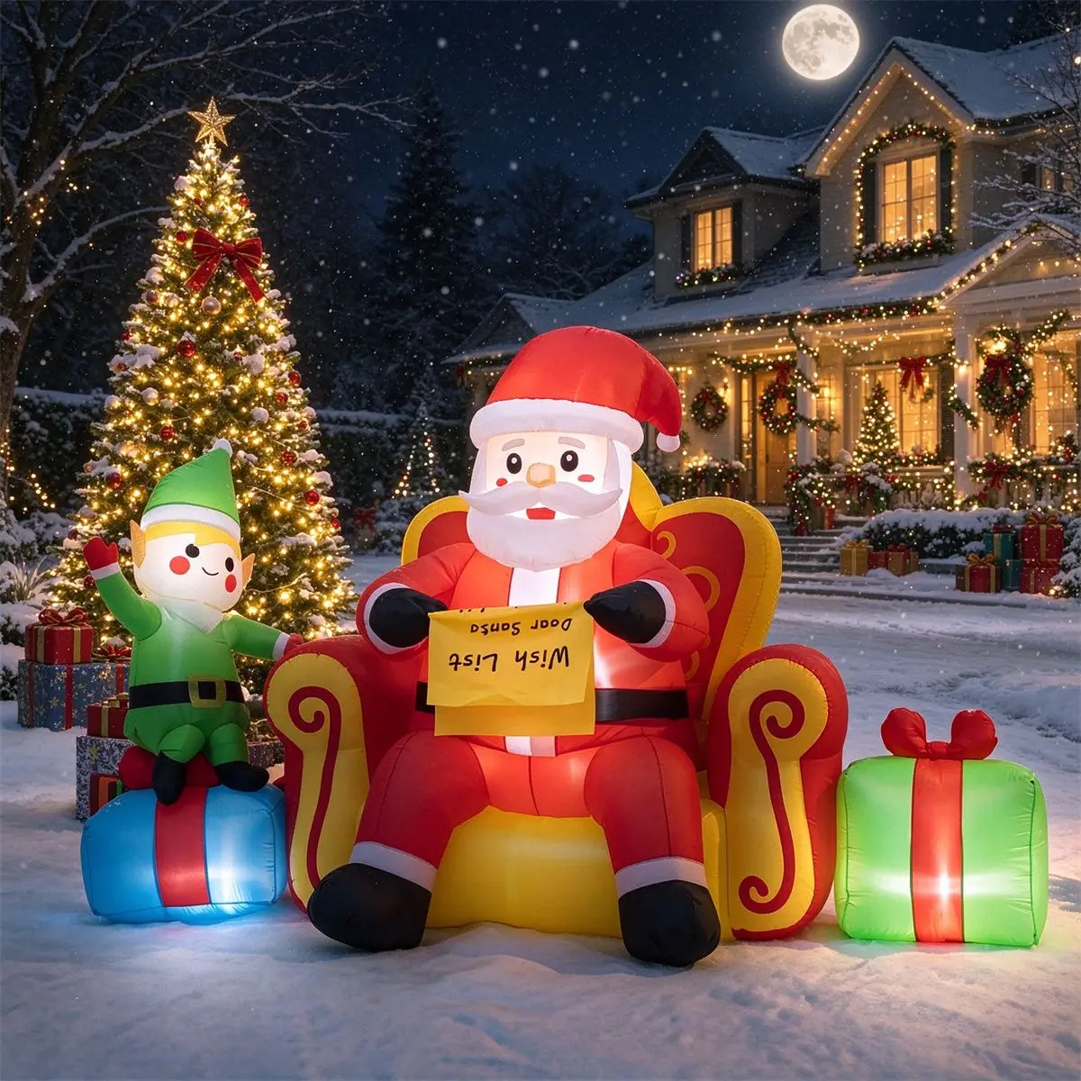 7.2 FT Inflatable Christmas Sitting Santa on Sofa with Elf & Gift Boxes, Built-in LED Lights Blow Up Yard Decoration Stakes and