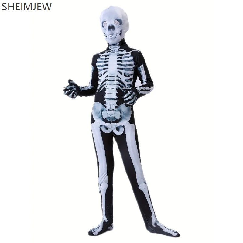 Costume da scheletro di Halloween per ragazzi Body stampato in 3D con maschera di teschio Costume horror Set di scheletro per festa di carnevale con personaggio del diavolo