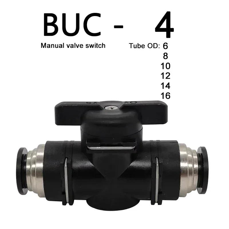 BUC Black Pneumatic Push In Quick Joint Connector Hand Valve - Turn Switch Manual Ball Current Limiting (4mm,6mm 8mm,10mm,12mm)