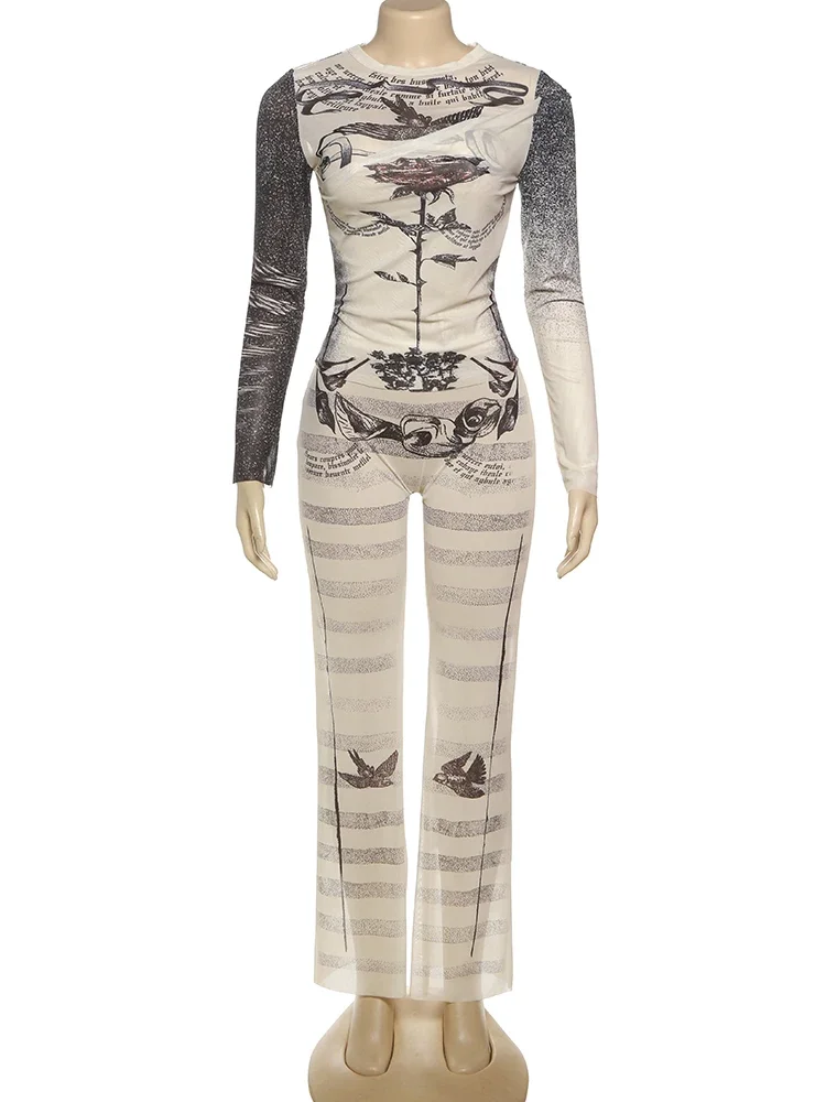 

Sisterlinda Aesthetic Matching 2 Piece Set Hipster Attractive Printed Full Sleeve O-neck Tees+Straight Pants Mujer Attirewear