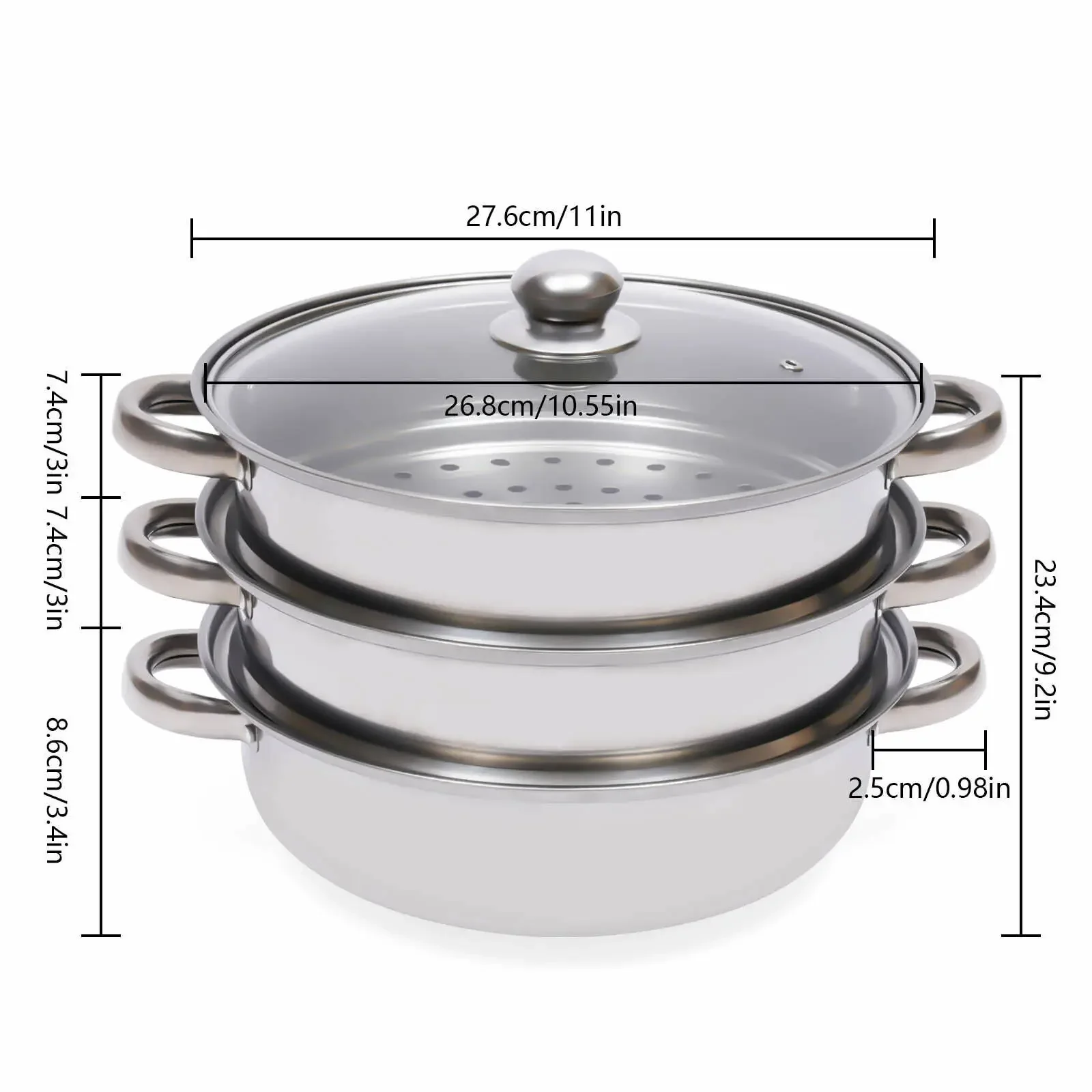 Stainless Steel Steam Pot , 3 Tier Dia 27cm Steamer Steaming Pot Set, Kitchen Cookware Multifunction Thick Steam Pot