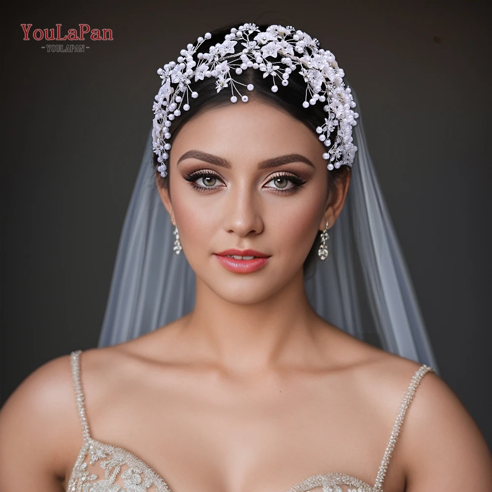 

YouLaPan Bride Pearl Headband White Color Shell Flower Wedding Hair Piece Shiny Rhinestone Flower Headwear Hair Accessorie HP676