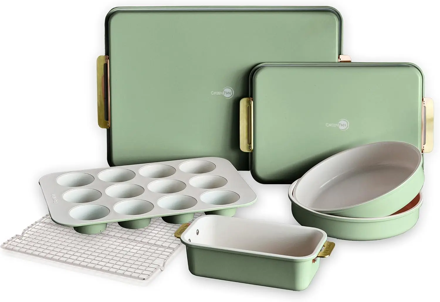

Bakeware Set, 7 Piece Nonstick Ceramic Gold Handle Baking Sheets, Cake Pans, Loaf Pan, Muffin Tin, Cooling Rack, PFAS &