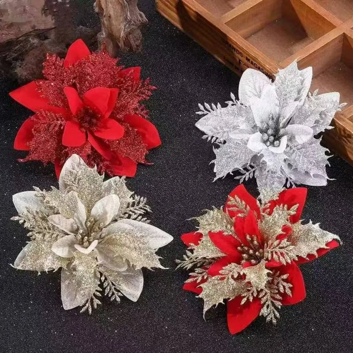 

12pcs Poinsettia Flower Christmas Artificial Glitter Poinsettia Flowers DIY Xmas Wreath Wedding Christmas Tree New Year Ornament