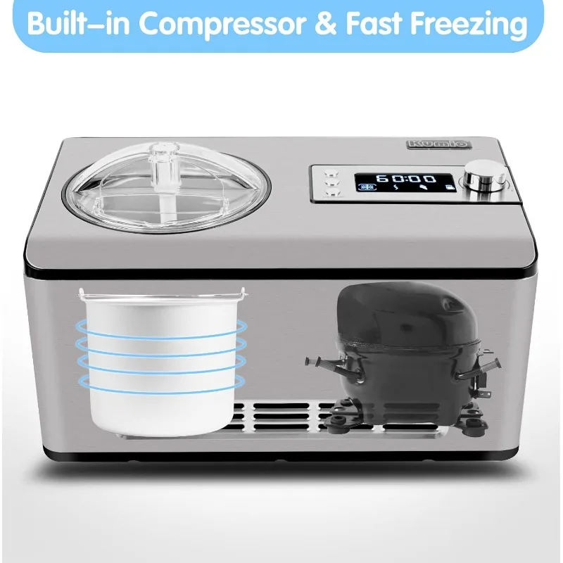 2.2-Quart Ice Cream Maker with Compressor, No Pre-Freezing, Stainless Steel Ice Cream Maker Machine with LCD Display, Timer