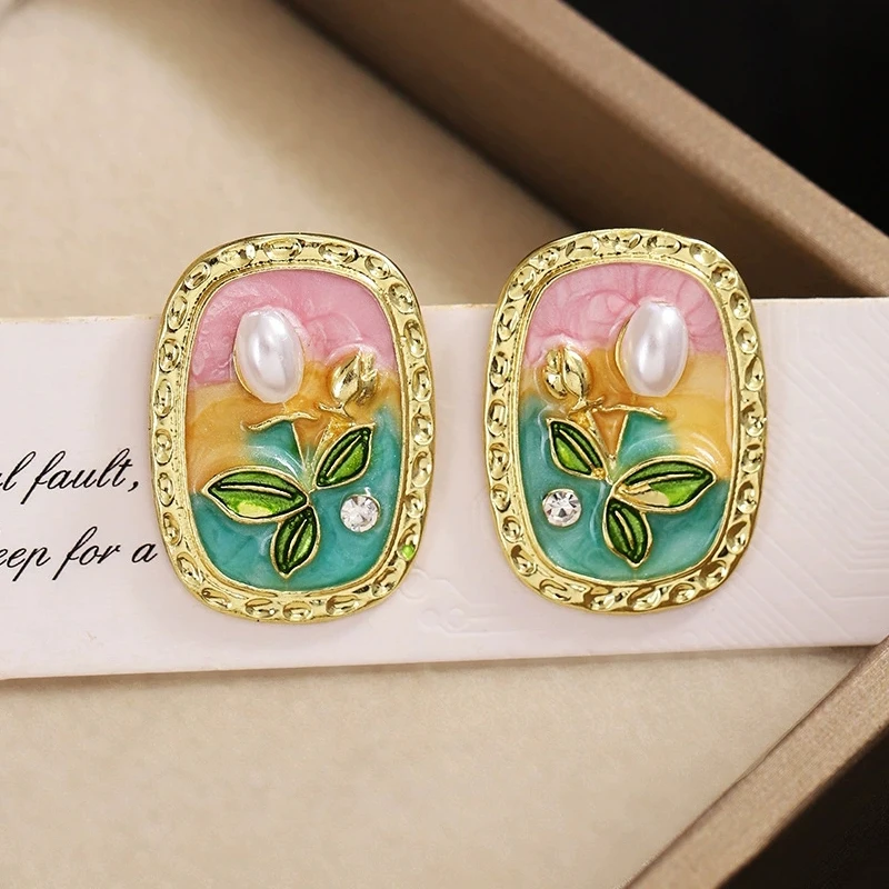 Temperament Geometry Square Stud Earrings Monet Garden Imitates Baroque Pearl Oil Painting Pattern Earrings For Women's Jewelry