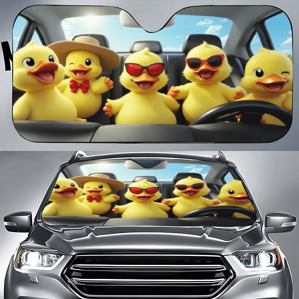 Group Of Yellow Ducks Car Sunshade | Front Window Sun Cover, Durable Polyamide Visor, Universally Applicable, Car Decor Gift